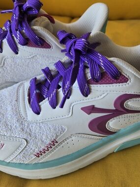 GDefy Women's White Sneakers with Purple Laces and Teal Trim